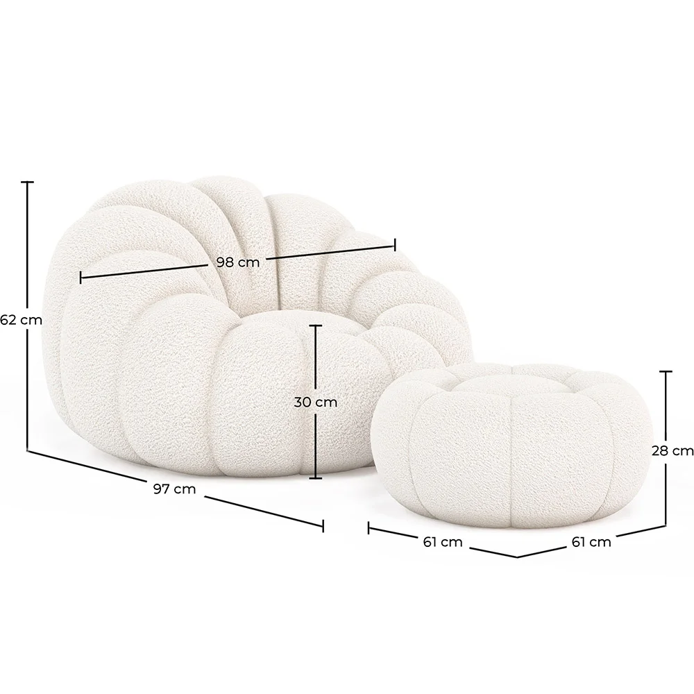 Poltrona com Otomano Estofado - Bouclé Branco - Rubi image 10