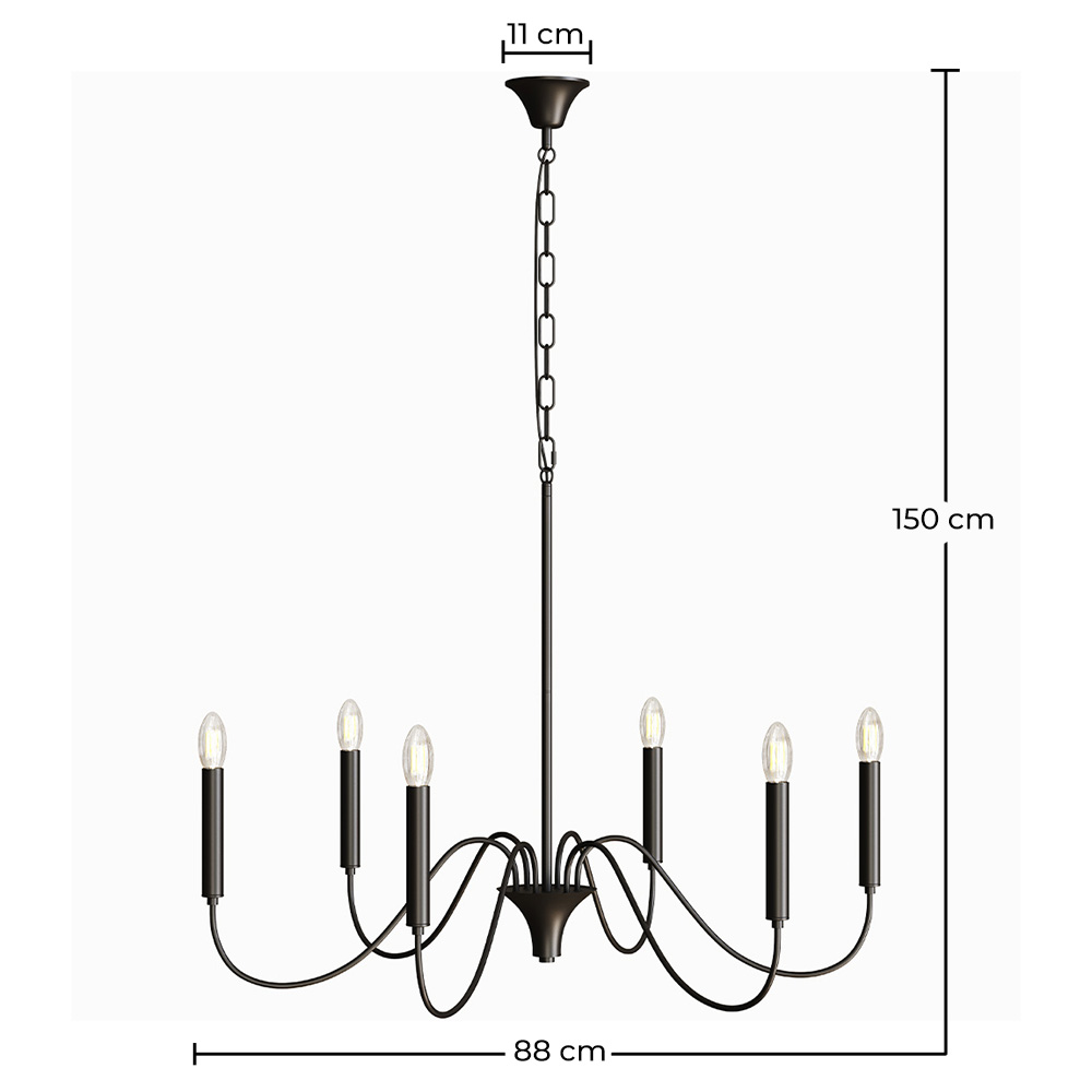 Candeeiro Suspenso de Metal Estilo Lustre Preto Mate – 6 Braços - Lumella image 10