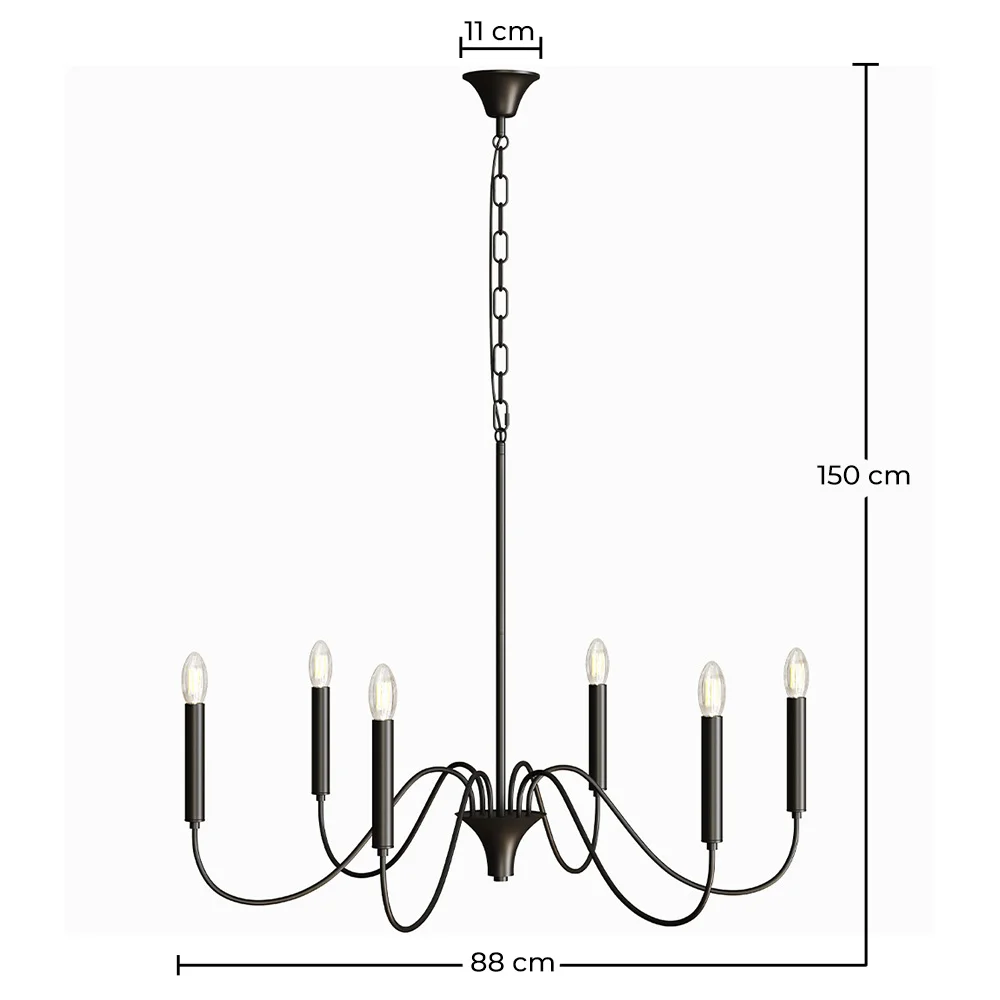 Candeeiro Suspenso de Metal Estilo Lustre Preto Mate – 6 Braços - Lumella image 10