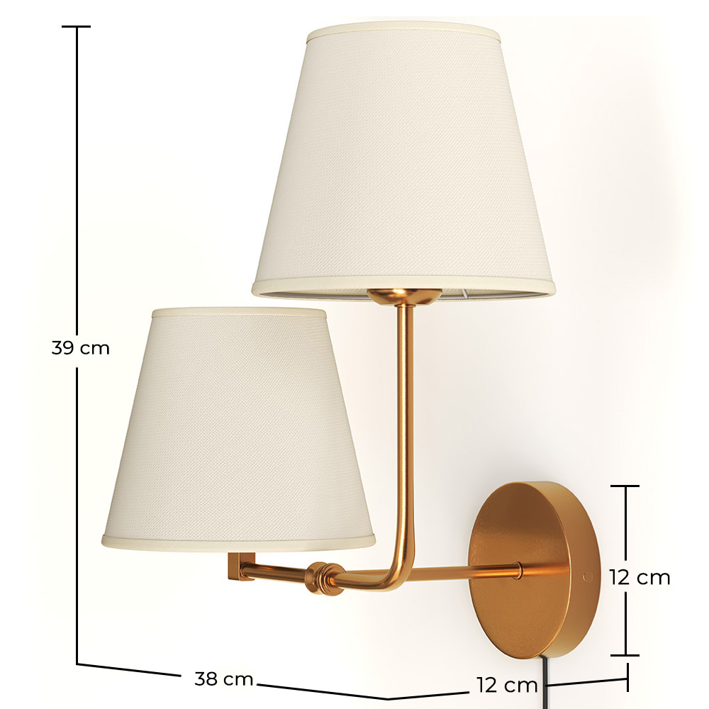 Candeeiro de parede dourado com cabo e dois abat-jours - Bretaña image 10