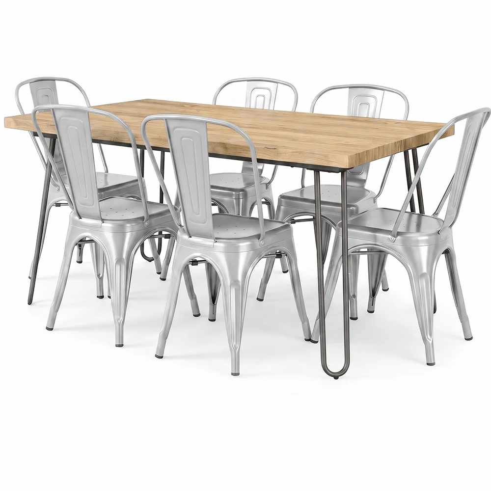 Pack Mesa de Jantar - Design Industrial 150cm + Pack de 6 Cadeiras de Jantar - Design Industrial - Hairpin Stylix image 8