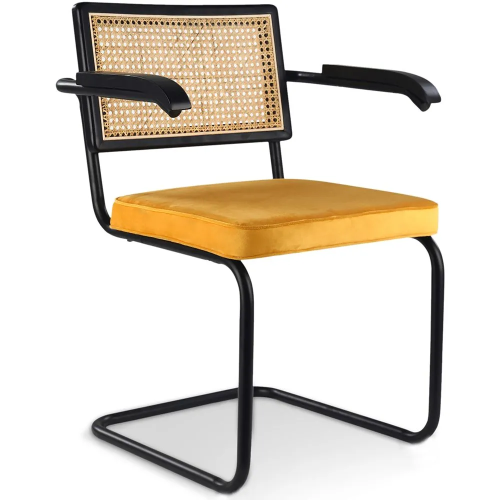 Cadeira de Jantar com Braços - Estofada em Veludo - Madeira e Rattan - Puila image 8