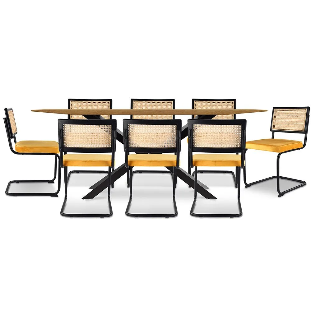 Pack Mesa de jantar em madeira de design industrial (220cm) & 8 cadeiras de jantar em rotim estofadas em veludo - Puila image 8