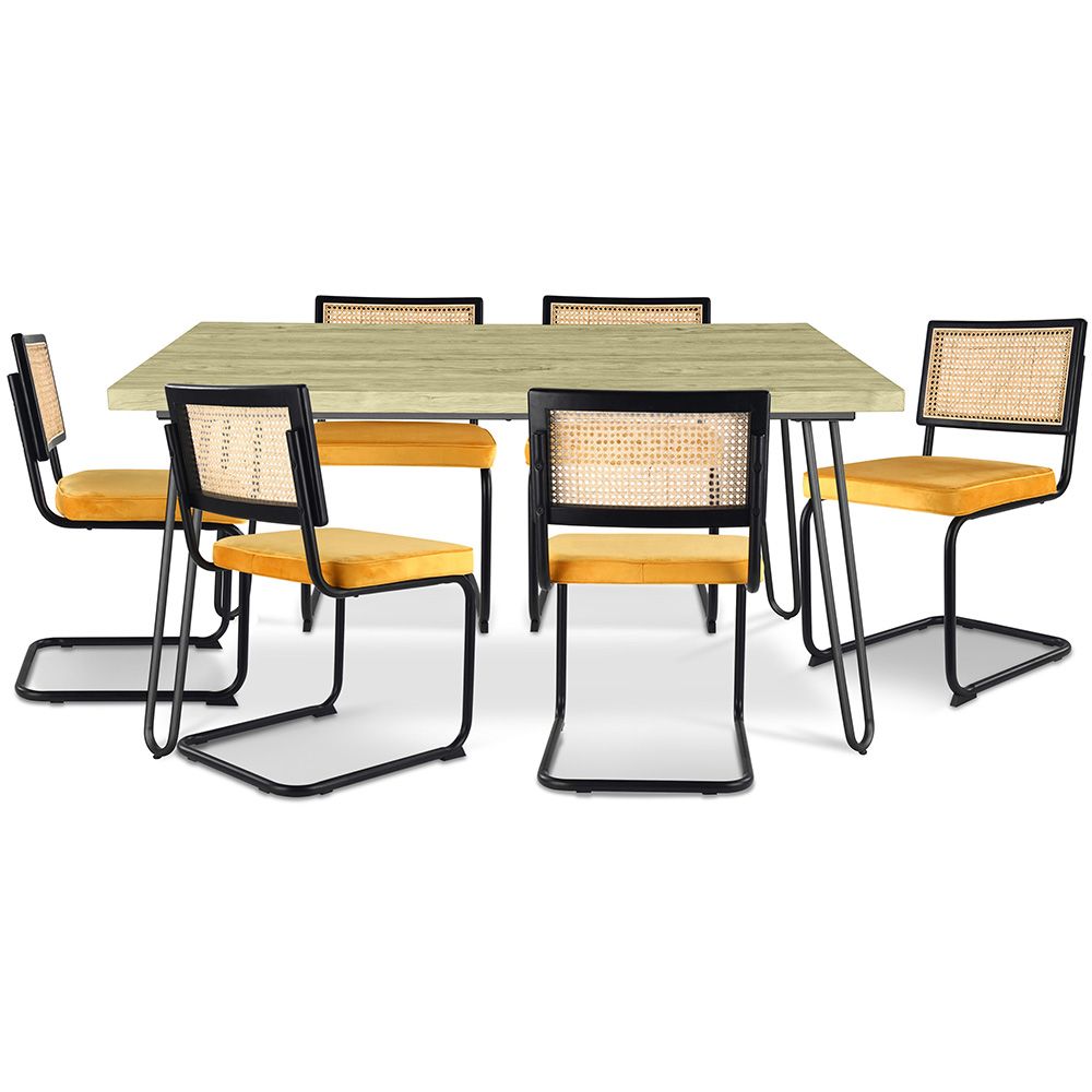 Pack Mesa de Jantar de Design Industrial 150cm & 6 Cadeiras de Jantar em Vime - Estofadas em Veludo - Puila image 8