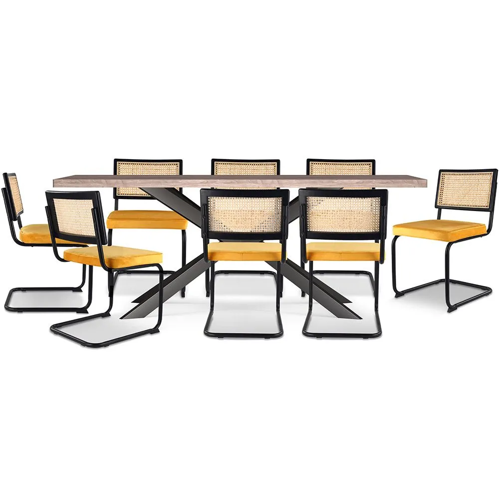 Pack Mesa de Jantar em Madeira Design Industrial (200cm) & 8 Cadeiras de Jantar em Rattan - Estofadas em Veludo - Puila image 8