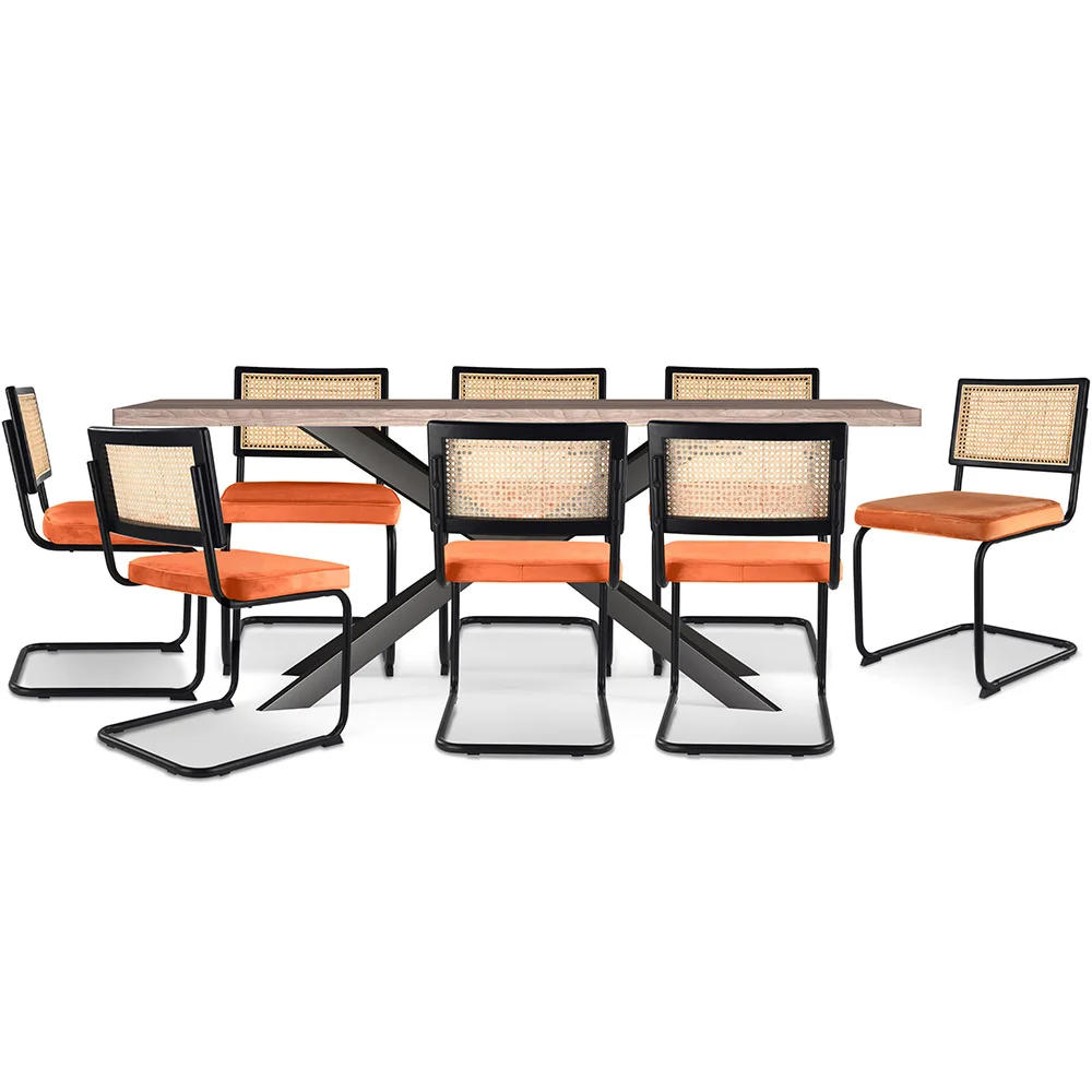 Pack Mesa de Jantar em Madeira Design Industrial (200cm) & 8 Cadeiras de Jantar em Rattan - Estofadas em Veludo - Puila image 8