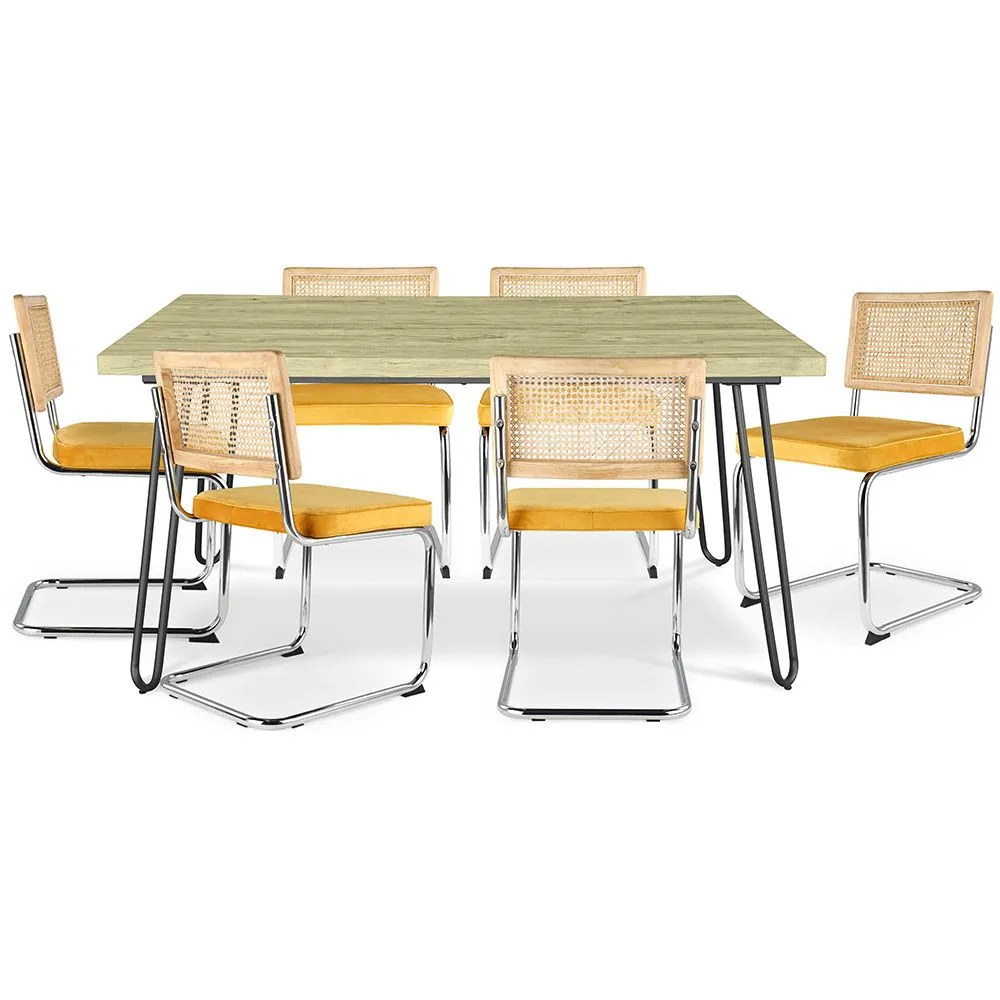 Pack Mesa de Jantar de Design Industrial 150cm & 6 Cadeiras de Jantar em Rattan - Estofos em Veludo - Martha image 8