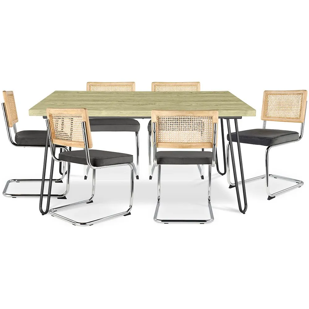 Pack Mesa de Jantar de Design Industrial 150cm & 6 Cadeiras de Jantar em Rattan - Estofos em Veludo - Martha image 8