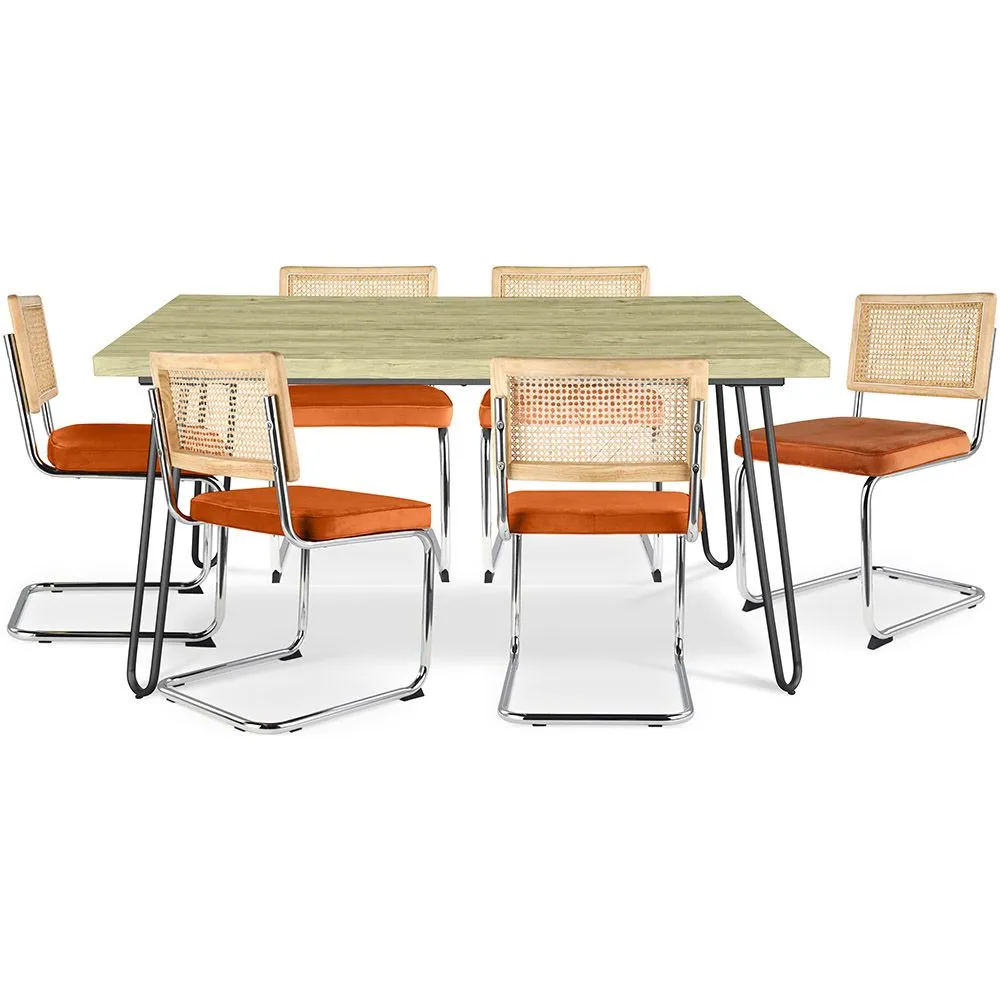 Pack Mesa de Jantar de Design Industrial 150cm & 6 Cadeiras de Jantar em Rattan - Estofos em Veludo - Martha image 8
