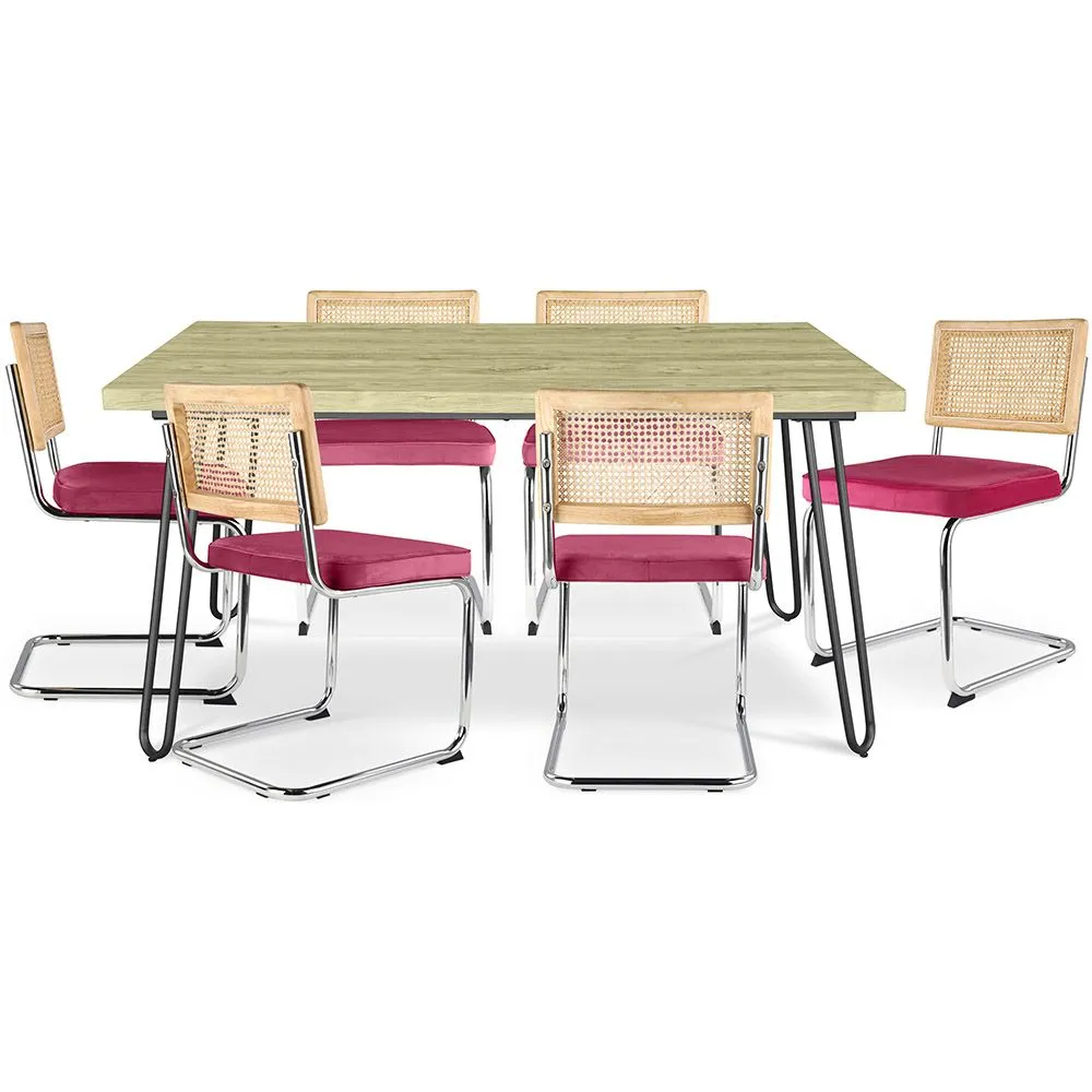 Pack Mesa de Jantar de Design Industrial 150cm & 6 Cadeiras de Jantar em Rattan - Estofos em Veludo - Martha image 8
