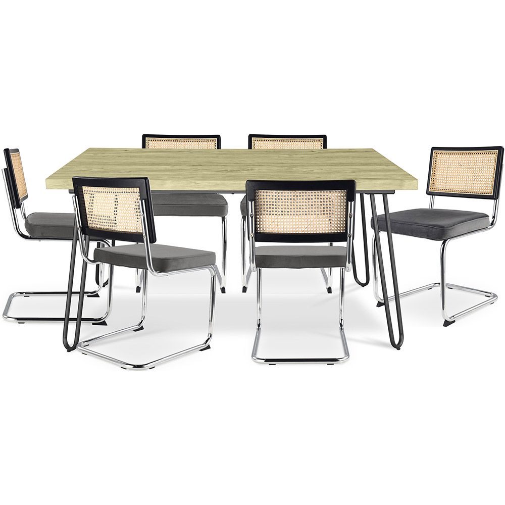 Pack Mesa de Jantar de Design Industrial 150cm e 6 Cadeiras de Jantar em Vime - Estofos em Veludo - Hyre image 8