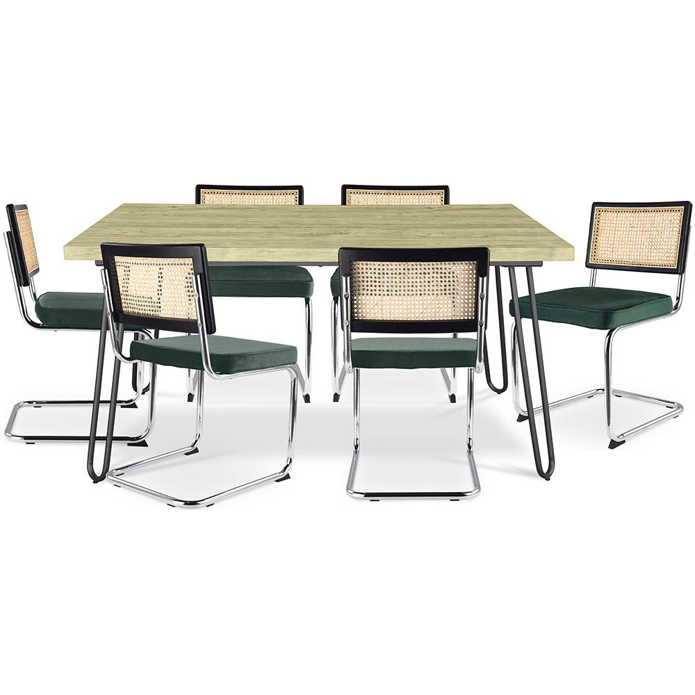 Pack Mesa de Jantar de Design Industrial 150cm e 6 Cadeiras de Jantar em Vime - Estofos em Veludo - Hyre image 8