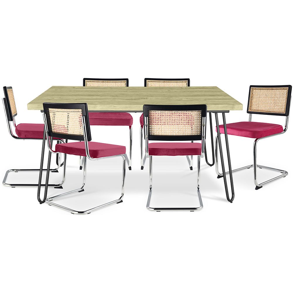 Pack Mesa de Jantar de Design Industrial 150cm e 6 Cadeiras de Jantar em Vime - Estofos em Veludo - Hyre image 8