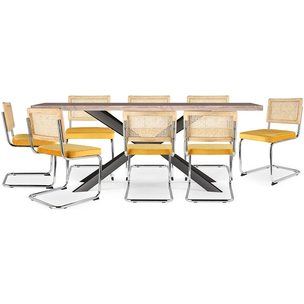 Pack Mesa de Jantar em Madeira Design Industrial (200cm) & 8 Cadeiras de Jantar em Vime - Estofado em Veludo - Martha image 8