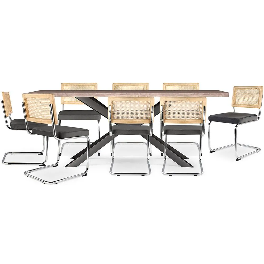 Pack Mesa de Jantar em Madeira Design Industrial (200cm) & 8 Cadeiras de Jantar em Vime - Estofado em Veludo - Martha image 8