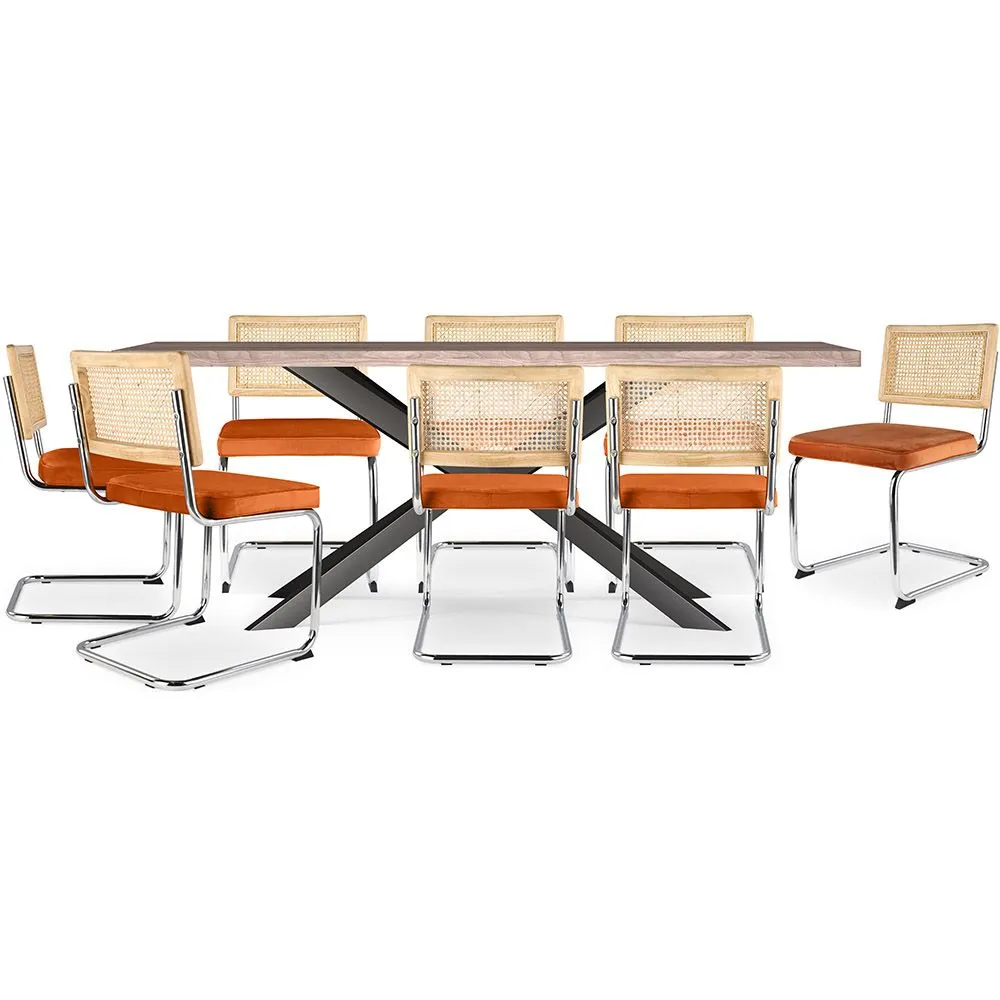 Pack Mesa de Jantar em Madeira Design Industrial (200cm) & 8 Cadeiras de Jantar em Vime - Estofado em Veludo - Martha image 8