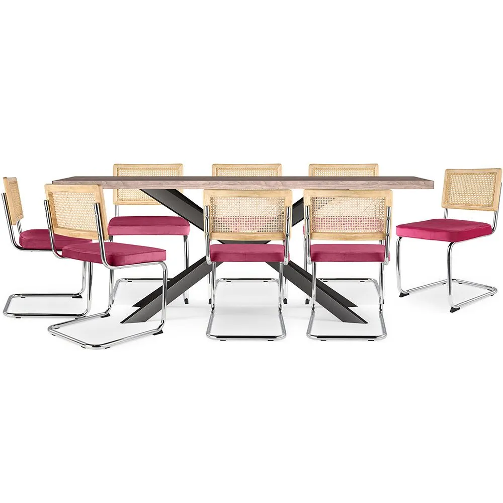 Pack Mesa de Jantar em Madeira Design Industrial (200cm) & 8 Cadeiras de Jantar em Vime - Estofado em Veludo - Martha image 8