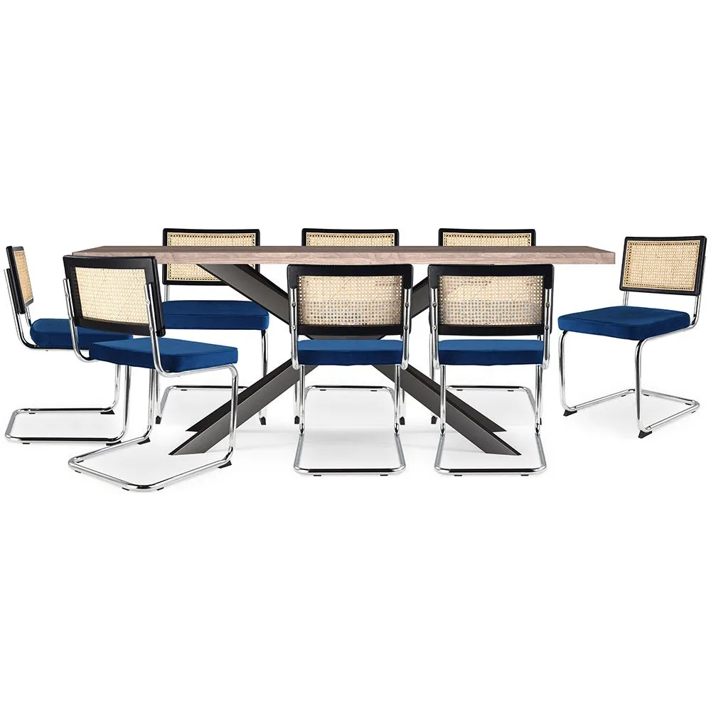 Pack Mesa de Jantar em Madeira Design Industrial (200cm) & 8 Cadeiras de Jantar em Vime - Estofos em Veludo - Hyre image 8