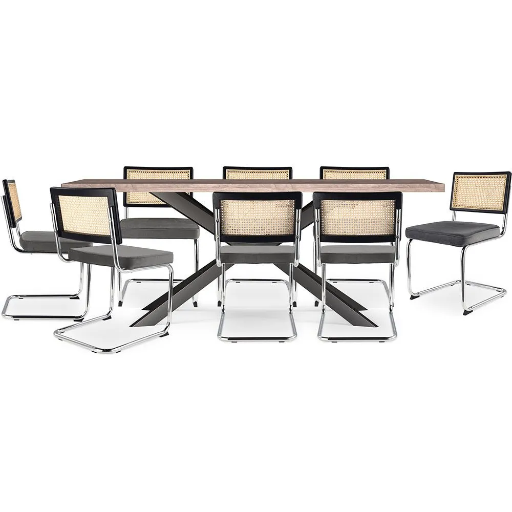 Pack Mesa de Jantar em Madeira Design Industrial (200cm) & 8 Cadeiras de Jantar em Vime - Estofos em Veludo - Hyre image 8