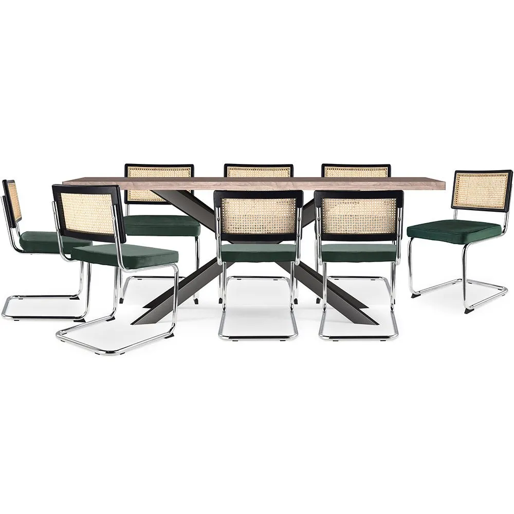 Pack Mesa de Jantar em Madeira Design Industrial (200cm) & 8 Cadeiras de Jantar em Vime - Estofos em Veludo - Hyre image 8