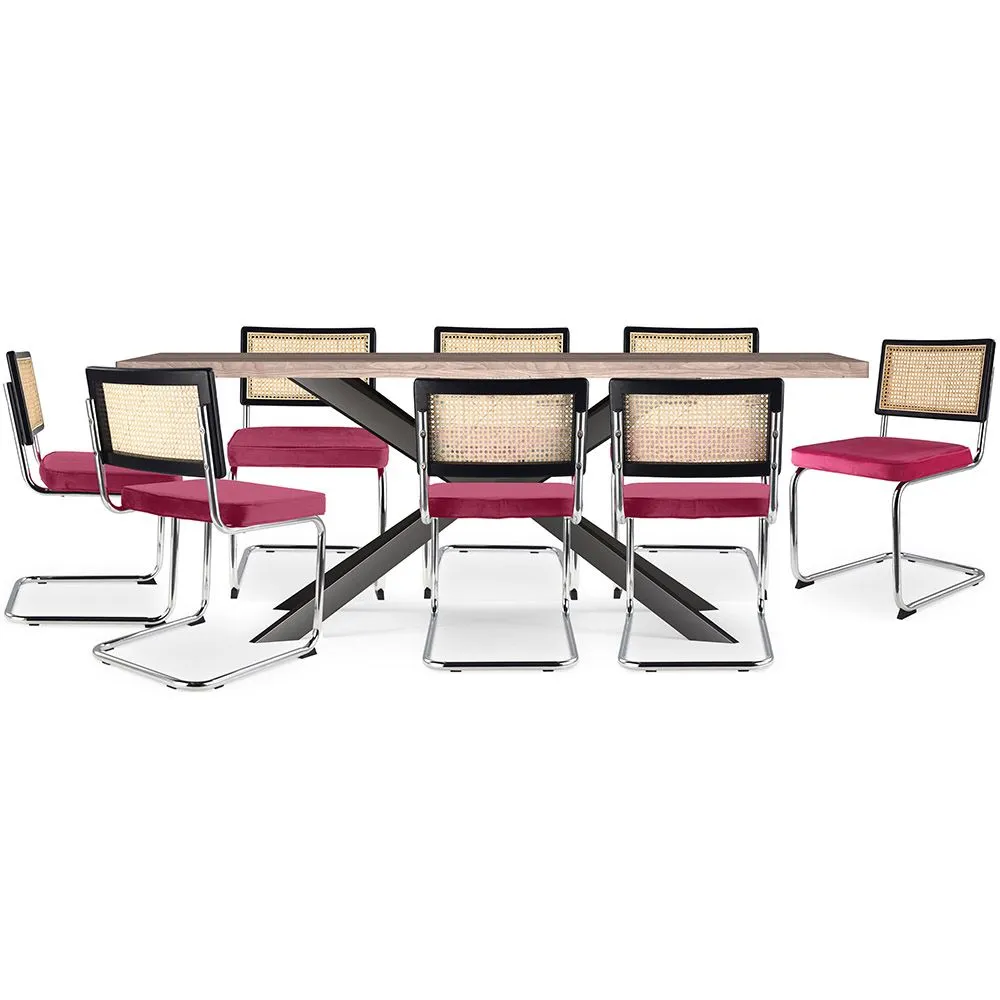Pack Mesa de Jantar em Madeira Design Industrial (200cm) & 8 Cadeiras de Jantar em Vime - Estofos em Veludo - Hyre image 8