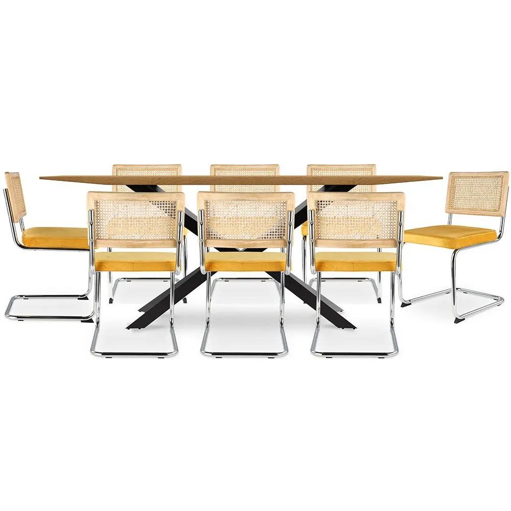 Pack Mesa de Jantar em Madeira Design Industrial (220cm) & 8 Cadeiras de Jantar em Vime - Estofos em Veludo - Martha image 8