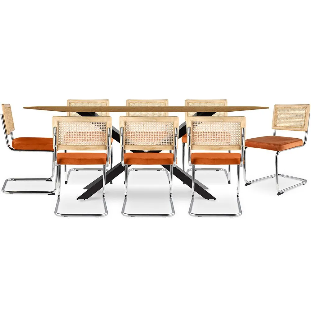 Pack Mesa de Jantar em Madeira Design Industrial (220cm) & 8 Cadeiras de Jantar em Vime - Estofos em Veludo - Martha image 8