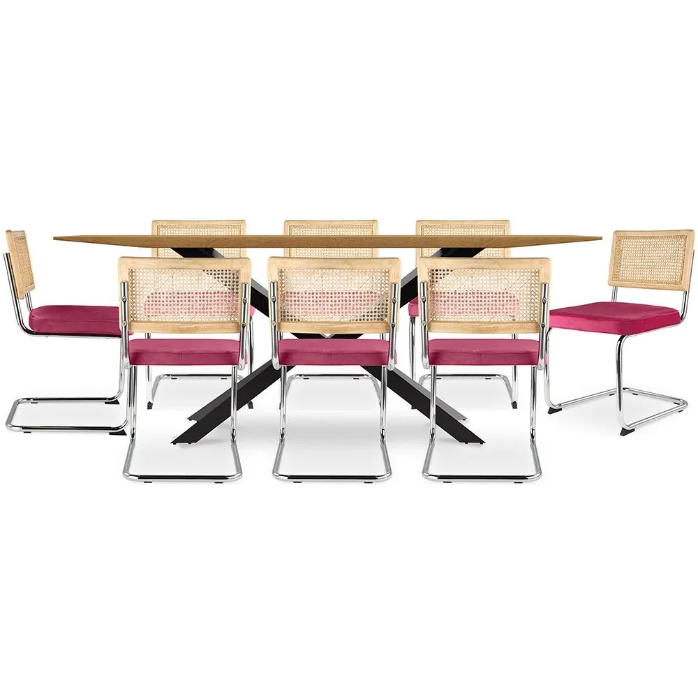 Pack Mesa de Jantar em Madeira Design Industrial (220cm) & 8 Cadeiras de Jantar em Vime - Estofos em Veludo - Martha image 8