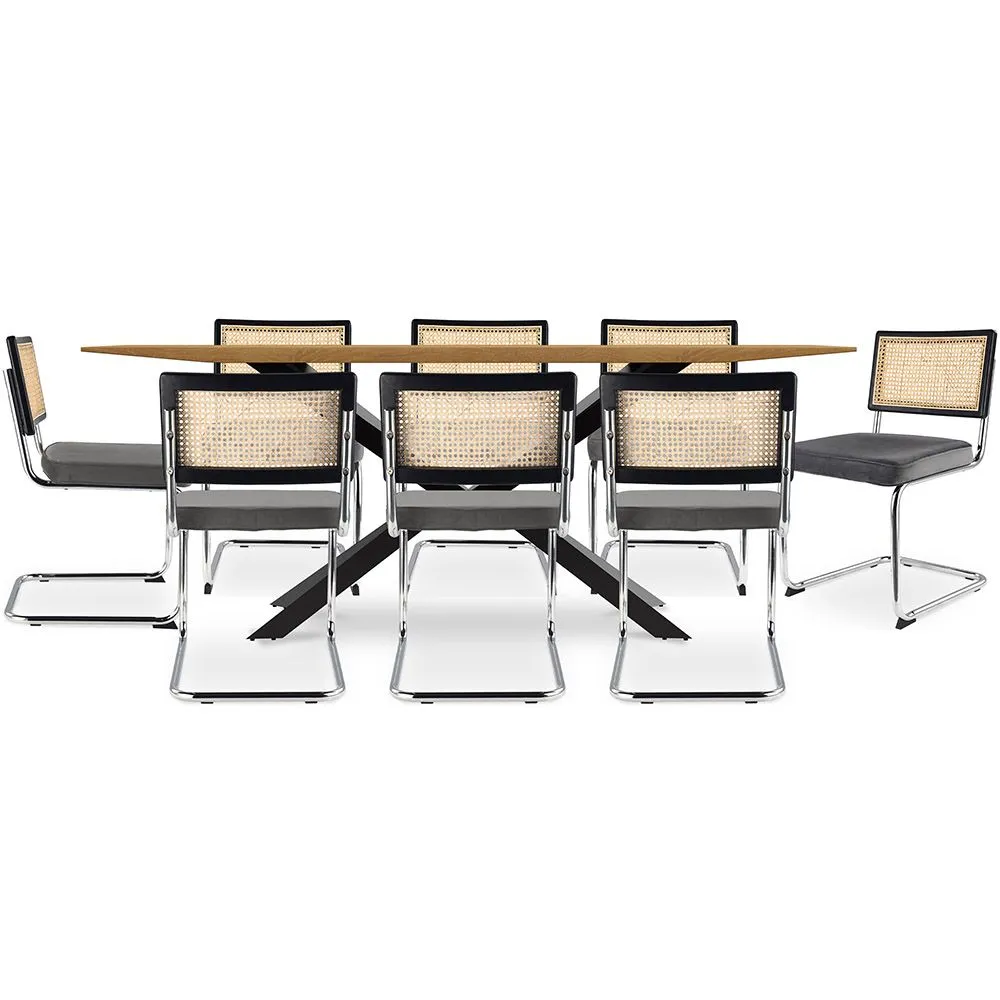 Pack Mesa de jantar em madeira de design industrial (220 cm) e 8 cadeiras de jantar em rotim - Estofos em veludo - Hyre image 8