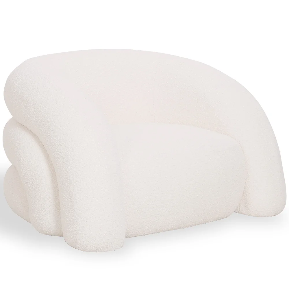 Poltrona Moderna Estofada Em Tecido Bouclé Branco Creme – Design Curvo E Confortável - Gab image 8